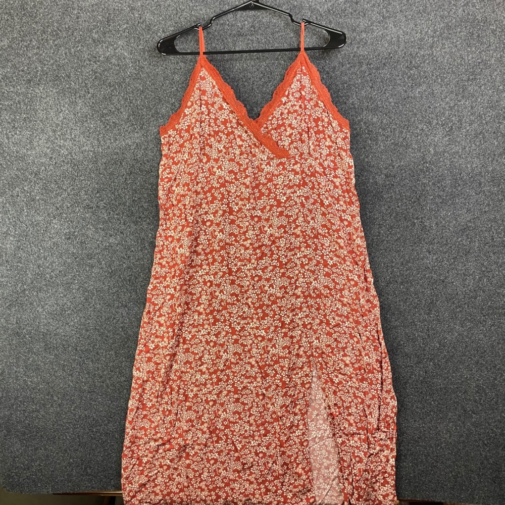 No Boundaries Floral Lace Trim Midi Dress Rust Orange White XXL 19 Boho Slit